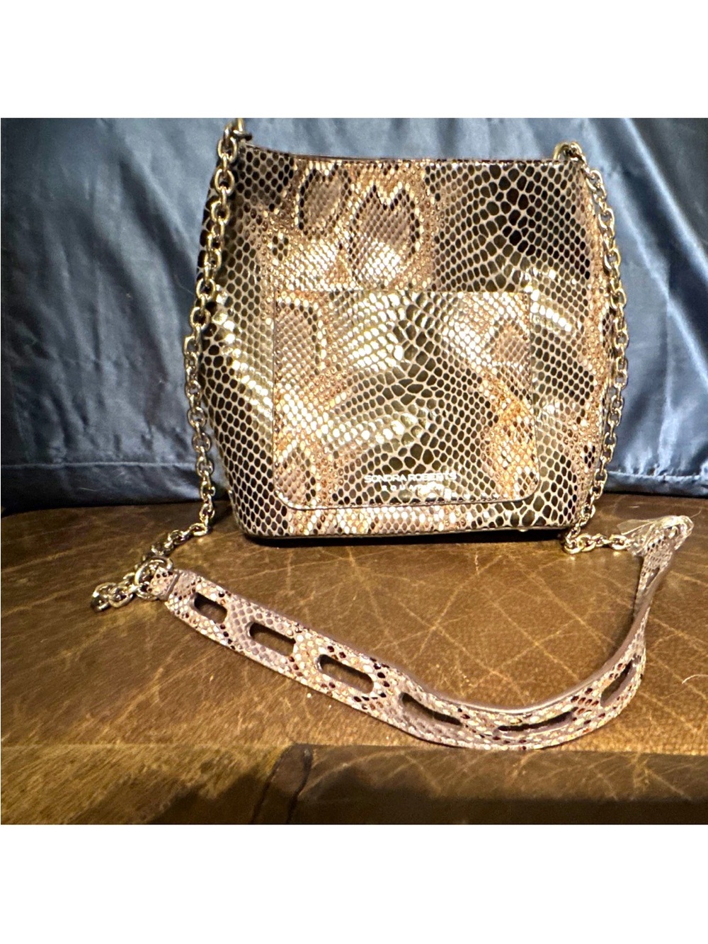 Sondra Roberts Gold Snake-Print Chain Crossbody Bag